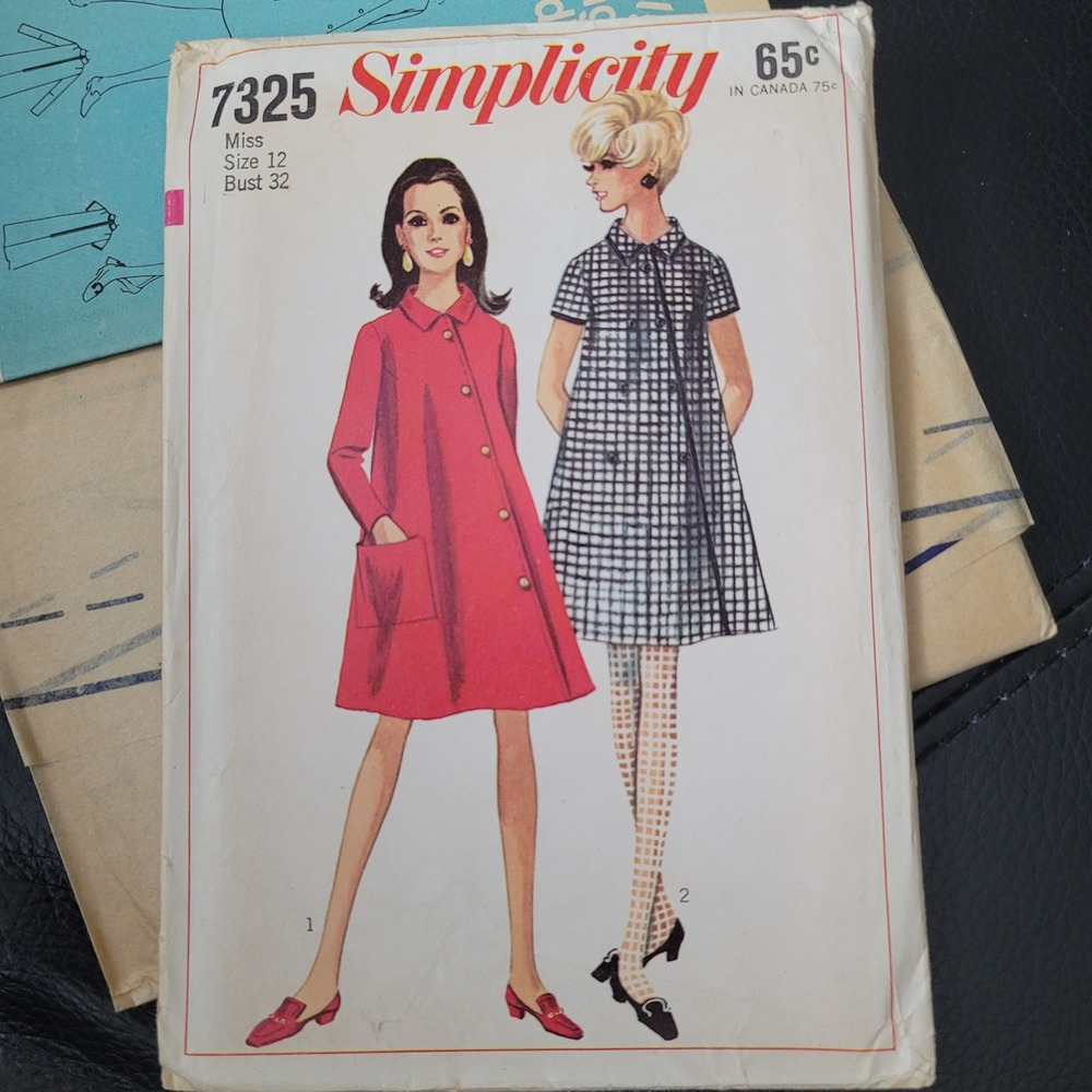 Vintage 1967 Simplicity 7325 Sewing Pattern Mod A-Line Dress Uncut Size 12